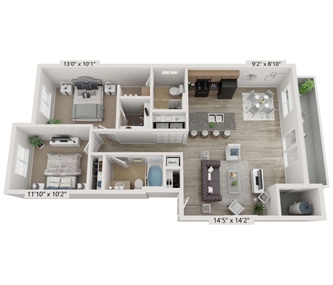 Floor plan for 2 beds, 2 baths, 972 sqft